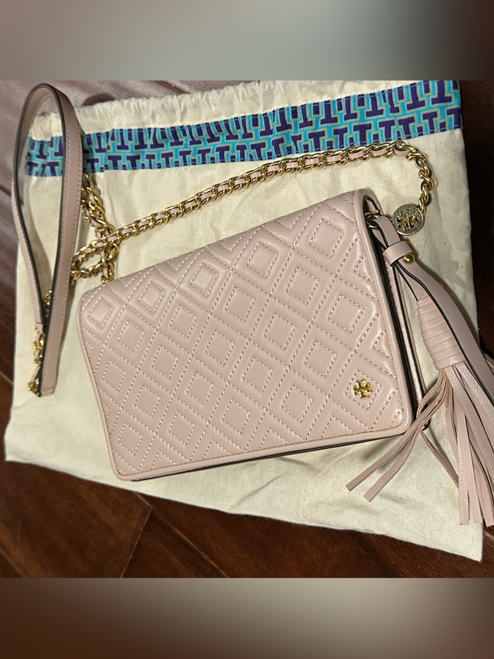 Tory Burch Pink Quilted Leather Crossbody Wallet with Tassel